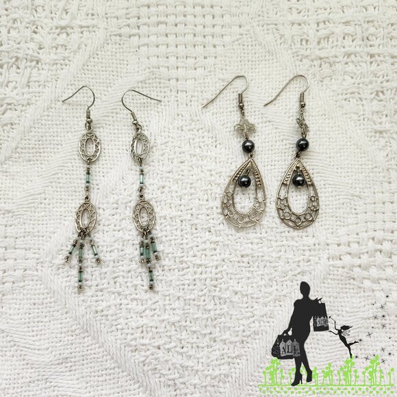 BFD Bohemian dangle earring set Black & Silver Toned - Picture 1 of 6
